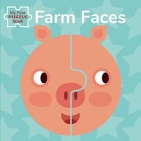 Pink pig face made of two pieces on blue cover of 'My First Puzzle Book: Farm Faces', by White Star.