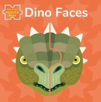 Green dinosaur made of two pieces on orange cover of 'My First Puzzle Book: Dino Faces', by WHite Star.