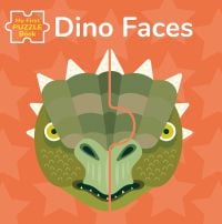 Book cover of My First Puzzle Book: Dino Faces, with a green dinosaur made of two pieces. Published by White Star.