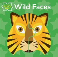 Yellow and black striped tiger in two pieces, on green cover of 'My First Puzzle Book: Wild Faces', by White Star.