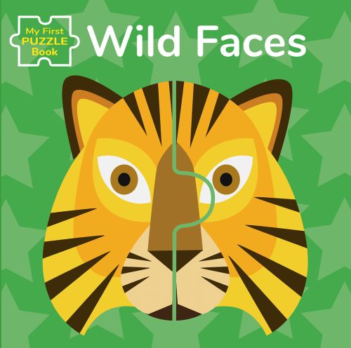 Yellow and black striped tiger in two pieces, on green cover of 'My First Puzzle Book: Wild Faces', by White Star.