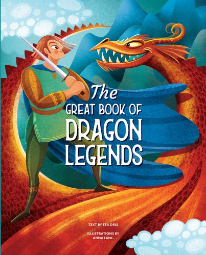 Orange dragon staring at man with sharp sword, on cover of 'The Great Book of Dragon Legends', by White Star.