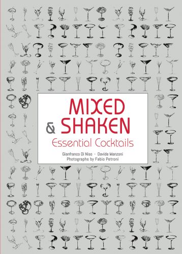 Cocktail glasses on grey cover of 'Mixed and Shaken, Essential Cocktails', by White Star.