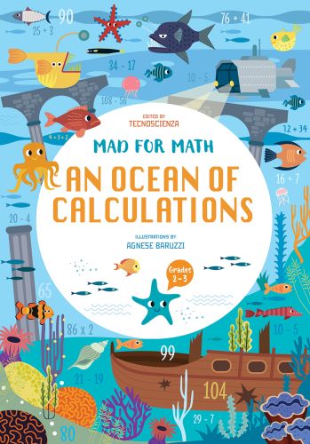 Under the sea scene with fish, starfish, octopus, wooden ship, on cover of activity book 'An Ocean of Calculations, Mad for Math', by White Star.