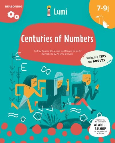Three characters running one after the other, on turquoise cover of 'Centuries of Numbers: Reasoning', by White Star.