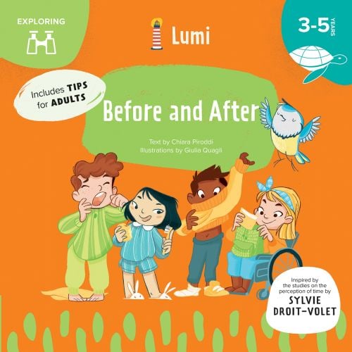 Two children preparing to go to bed, two getting ready for school, one in a wheel chair, on orange cover of 'Before and After: Exploring', by White Star.