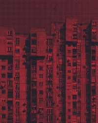 Red filter over tower block on cover of 'Marius Svaleng Andresen, Life in the New', by Kerber.