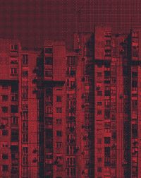 Tower block with red filter, on cover of 'Marius Svaleng Andresen, Life in the New', by Kerber.