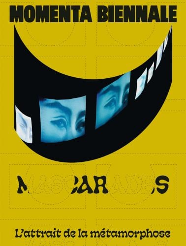 Repeated slide of pair of eyes, on mustard yellow cover of 'MOMENTA Biennale de l’image, Mascarades. L’attrait de la métamorphose', by Kerber.