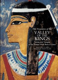 Book cover of Treasures of the Valley of the Kings, Tombs and Temples of the Theban West Bank in Luxor, with Ancient Egyptian goddess Hathor. Published by White Star.