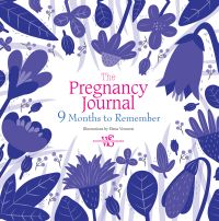 Blue flowers and leaves on white cover of 'Pregnancy Journal, 9 Months to Remember', by White Star.