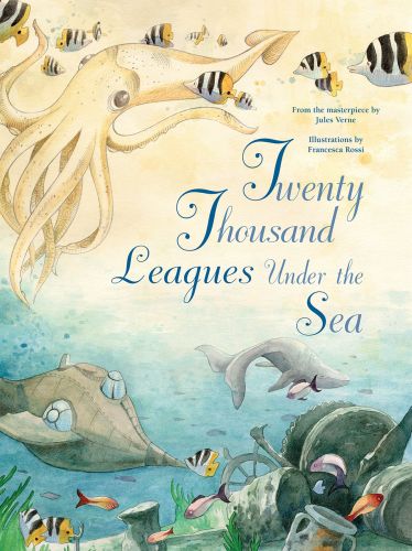 Ocean life underwater with a large octopus, whale and submarine, on cover of 'Twenty Thousand Leagues Under the Sea, From the Masterpiece by Jules Verne', by White Star.