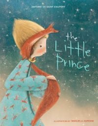 Little boy sitting under a starry night sky, with orange box on his shoulder, on cover of 'The Little Prince', by White Star.