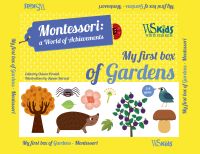 Autumn tree, hedgehog, mushroom, bird, on cover of 'My First Box of Gardens, Montessori: A World of Achievements', by White Star.