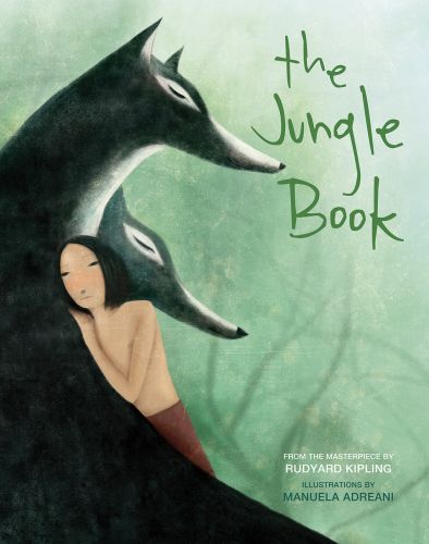 Mowgli leaning on a two black wolves, on cover of 'The Jungle Book, Based on the Masterpiece by Rudyard Kipling', by White Star.