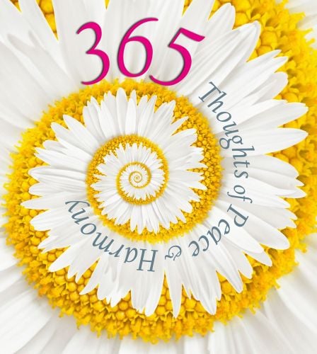 Swirly white chrysanthemum with yellow centre, on cover of '365 Thoughts of Peace and Harmony', by White Star.