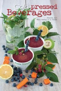 Dark red smoothies in white bowls with sticks of blueberries, on cover of 'Cold-Pressed Beverages, Health and Well-Being in a Glass', by White Star.