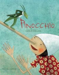 Boy in red floral shirt, with long thin nose, on cover of 'Pinocchio, Based on the Masterpiece by Carlo Collodi', by White Star.
