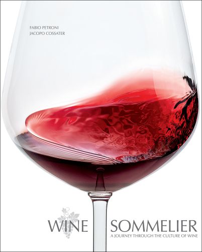 Wine glass with red wine being swirled, on white cover of 'Wine Sommelier, A Journey Through the Culture of Wine', by White Star.