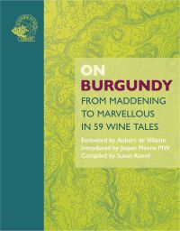 Lime green cover with dark green left edge of 'On Burgundy, From Maddening to Marvellous in 59 Wine Tales', by Academie du Vin Library.