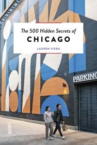 Abstract mural in blue, orange and cream, on exterior of Gensler's Chicago office, on cover of 'The 500 Hidden Secrets of Chicago', by Luster Publishing.