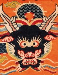 Detail of Dragon Carpet, khaden, Gyangtse, Tibet, on cover of 'Tibetan Rugs, The Rudi Molacek Collection', by Hali Publications.