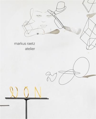 Drawing of face, abstract cubed shapes, and Homberg hat, on cover of 'Markus Raetz, Atelier', by Scheidegger & Spiess.
