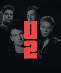 Book cover of U2, Past Present Future, with an early promo shot of band in leather jackets. Published by White Star.