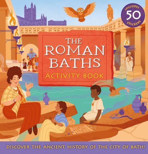 Young children and adults sitting around the edge of water surrounded by columns, on cover of 'The Roman Baths, Activity Book', by Scala Arts & Heritage Publishers.