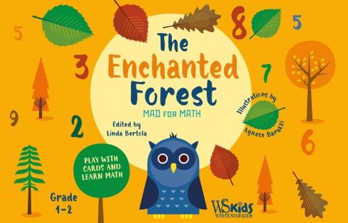 Blue owl surrounded by autumn trees and fallen leaves, on orange activity box, 'The Enchanted Forest, Mad for Math', by White Star.
