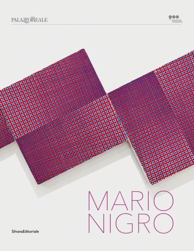 Blue and red patterned block shapes, on white cover of 'Mario Nigro, Opere | Works 1947-1992', by Silvana.