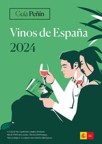 Couple drinking glasses of red wine, reading a book, on cover of 'Guía Peñín Vinos de España 2024' by Grupo Penin.