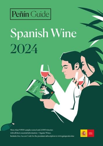 Couple drinking glasses of red wine, reading a book, on cover of 'Peñin Guide Spanish Wine 2024' by Grupo Penin.