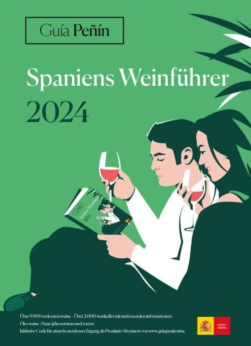 Couple drinking glasses of red wine, reading a book, on cover of 'Guía Peñín Spaniens Weinführer 2024' by Grupo Penin.