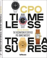 Four watch models, including a silver OMEGA Speedmaster, on white cover of 'Timeless Treasures, v', by teNeues Books.