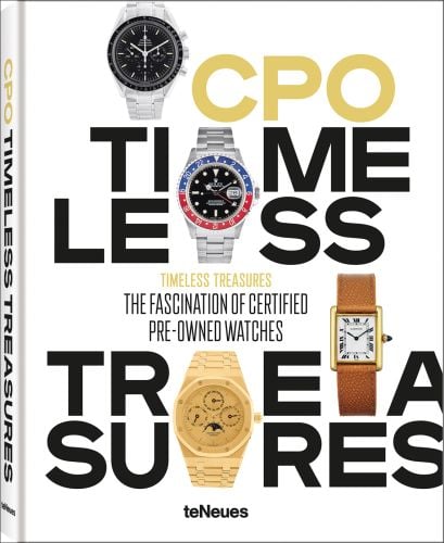 Four watch models, including a silver OMEGA Speedmaster, on white cover of 'Timeless Treasures, v', by teNeues Books.