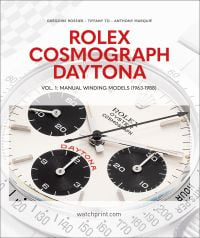 Luxury silver watch with white face, on cover of 'Rolex Cosmograph Daytona, Vol. 1: Manual Winding Models (1963-1988)', by Watchprint.com.