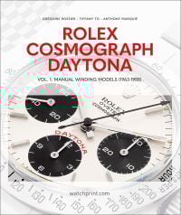 Book cover of Rolex Cosmograph Daytona, Vol. 1: Manual Winding Models (1963-1988), featuring a luxury silver watch with white face. Published by Watchprint.com.