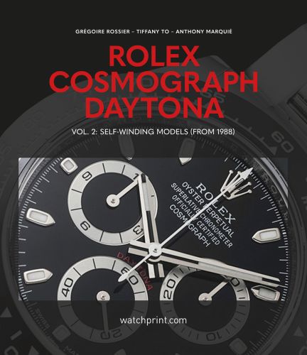 Black book cover of Rolex Cosmograph Daytona, Vol. 2: Self-Winding Models (From 1988), featuring a silver, black faced Rolex watch. Published by Watchprint.com.