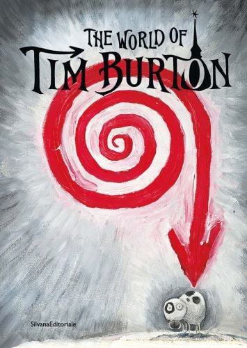 Acrylic drawing of swirly red arrow pointing to black and white creature titled "The Last of Its Kind", on cover of 'The World of Tim Burton' by Silvana.