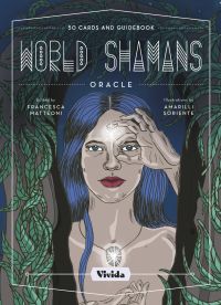 Female with dark blue hair forming fingers into an 'o', over her left eye, on cover of 'World Shamans Oracle, 50 Cards and Manual', by White Star.