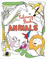 Book cover of Animals: Coloring Book, with a giraffe, lion, monkey, toucan and parrot. Published by White Star.