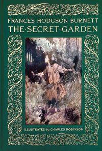 Young girl trying the handle of a secret door, on gold and green cover of 'The Secret Garden', by Abbeville Press.