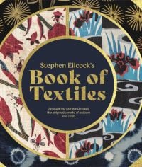 Fabric print with gold shapes and lines, red bugs, and blue grass, on cover of 'Book of Textiles, An inspiring journey through the enigmatic world of pattern and cloth', by ACC Art Books.