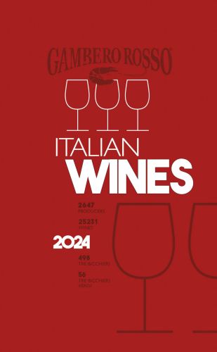 Red book cover of Italian Wines 2024, with outlines of wine glasses. Published by Gambero Rosso.