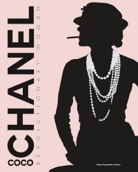 Black silhouette of female smoking, with white pearls around neck, on pale pink cover of 'Coco Chanel, Revolutionary Woman', by White Star.