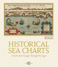 Nautical map featuring large sea creatures, on cream cover of 'Historical Sea Charts, Visions and Voyages Through the Ages', by White Star.