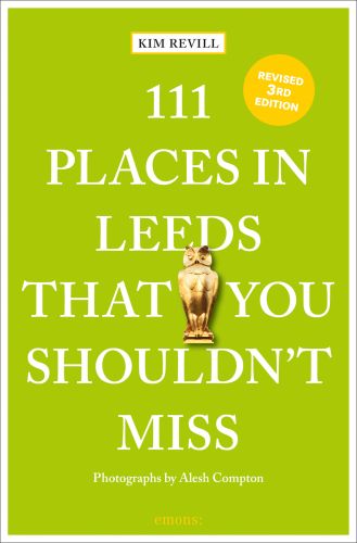 Golden Owl emblem, near centre of blue travel guide cover of '111 Places in Leeds That You Shouldn't Miss', by Emons Verlag.