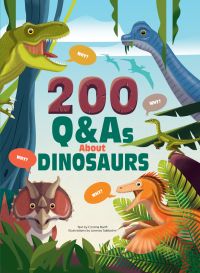 Tyrannosaurus rex, triceratops, in jungle, on cover of '200 Q&As About Dinosaurs', by White Star.