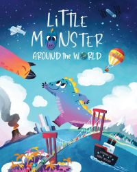 Blue dinosaur with yellow spines running across the earth, on cover of 'Little Monster Around the World', by White Star.